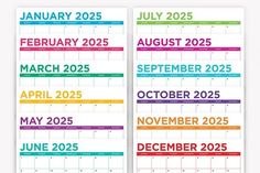 two colorful calendars with the dates for each month