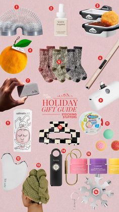 the holiday gift guide is on display in front of a pink background with various items