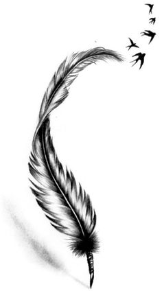 a black and white drawing of a feather with birds flying by it's side