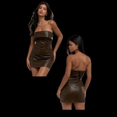 a woman wearing a brown leather dress with her hands on her hips and the back of her body