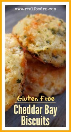 three cheddar bay biscuits stacked on top of each other with the text gluten free cheddar bay biscuits