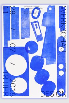 a blue and white poster with numbers, circles, and shapes on it's side