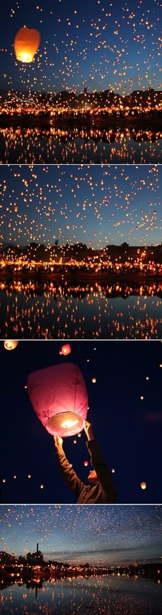 the sky is filled with lots of bright lights and floating lanterns in the night time