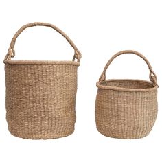 two woven baskets with handles on each side