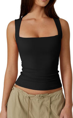 Exceptionally Soft and Stretchy Fabric: Offer yourself the luxury of supreme comfort with our QINSEN sleeveless square-neck top. Crafted from a high-quality blend that's both delicately soft and impressively stretchy, this top promises a snug fit that gracefully accommodates your movements throughout the day. Double Layer Tank Top, Layered Tank Top, Jeans Overall, Jeans Cargo, Korean Casual, Layering Tanks, Pantalon Large, Womens Basic