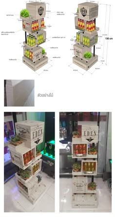 three different views of an open refrigerator with fruits and vegetables in it's shelves