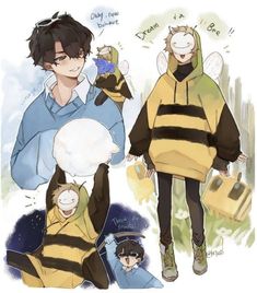 two people dressed in bee costumes and one is holding a stuffed animal