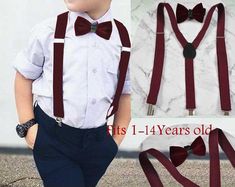 Red Bow Tie And Suspenders, Wedding Page Boys, Wedding Kids Outfit, Tie And Suspenders, Blue Suspenders, Suspenders For Kids, Velvet Bow Tie