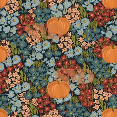 a floral pattern with pumpkins and flowers on a dark blue background for wallpaper