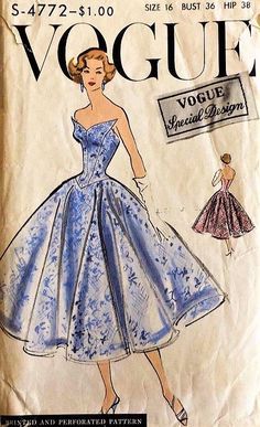 a woman in a blue dress is on the cover of a sewing pattern for an evening gown