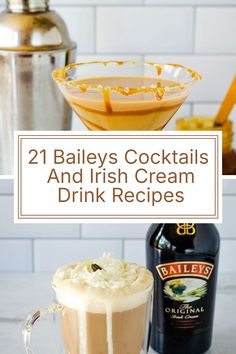 two bailey's cocktails and irish cream drink recipes are featured in this collage