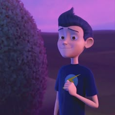 a cartoon boy is holding a kite in front of a purple sky and shrubbery