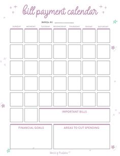 the printable bill payment calendar is shown in purple and white with stars on it