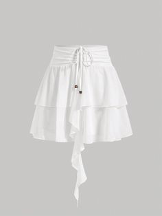 Women's Solid Color Drawstring Ruched Summer Skirt White Casual   Woven Fabric Plain Layered/Tiered Non-Stretch  Women Clothing, size features are:Bust: ,Length: ,Sleeve Length: Shein Skirts, Skirts White, High Waist Dress, Women Skirts, Sports Skirts, Summer Skirts, Cute Skirts, White Casual, White Skirts