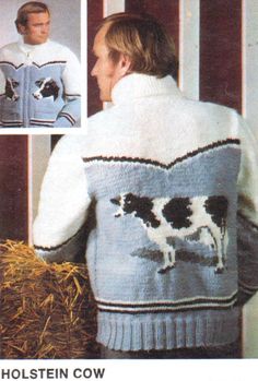 an advertisement for a sweater with cows on it