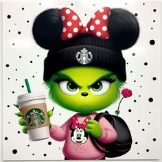 a cartoon character holding a starbucks cup and wearing a minnie mouse hat with polka dots on it