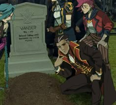 anime characters standing in front of a grave