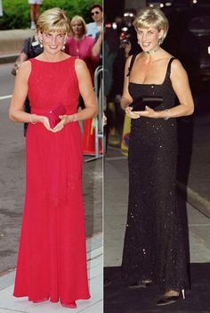 two women in evening gowns, one wearing a black dress and the other red