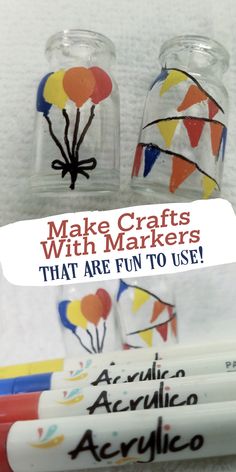 two clear vases filled with colorful balloons and writing on them that says make crafts with markers that are fun to use