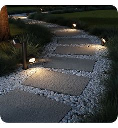 some lights that are on the side of a stone path near a tree and grass