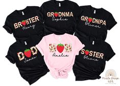 Celebrate family togetherness with our adorable, personalized strawberry-themed family shirts! Each shirt features the family member's title (Dad, Mom, Brother, etc.) with a charming seasonal strawberry pattern inside the letters. You can also personalize them with each family member's name and choose the font style you love the most. Perfect for family events, these shirts are ideal for strawberry lovers and those who enjoy a fresh, farm-style vibe. Add a sweet and special touch to any occasion Berry First Birthday Mom Shirt, Strawberry Mom And Dad Shirts, Strawberry Shirt Designs, Strawberry Theme First Birthday, Cute Strawberry Print T-shirt As Gift, Family Matching Custom Print T-shirts For Mother's Day, Family Togetherness, Theme First Birthday, Strawberry Theme