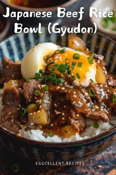 japanese beef rice bowl gyodon with egg and green onions on top in a bowl