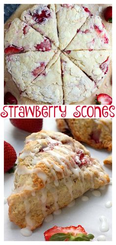 strawberry scones with icing and strawberries on the top one is cut in half