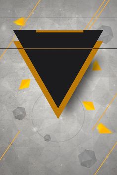 a black and yellow triangle on a gray background with gold geometric shapes around the edges