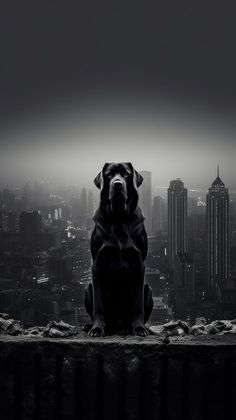 a black and white photo of a dog sitting in front of a cityscape