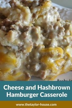 cheese and hashbrown hamburger casserole on a white plate with text overlay