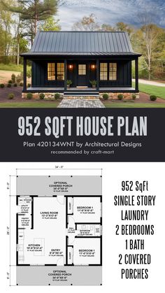 Get your grill and rocking chairs ready, as this plan has not just one covered porch but two! Spanning the width of the entire house, these outdoor spaces not only protect from the elements but give plenty of entertainment opportunities for family and friends. The spacious house has a stylish exterior and a well-designed interior. Furthermore, it boasts 2 bedrooms with plenty of closet space. An open-concept living area connects 2 porches into a spacious grand room with vaulted ceilings. 700-800 Sq Ft House Plans, 3 Bedroom Metal Building House Plans, Houses And Floor Plans, Tiny Home Floor Plans 2 Bedroom, Floor Plan 2 Bedroom House, 1000 Sq Ft Floor Plans, One Bedroom Barndominium Floor Plans, Tiny House Floor Plans 2 Bedroom, Park Model Homes Floor Plans