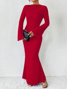 Women's Solid Color Simple Casual Long Sleeve Dress Red Elegant  Long Sleeve Fabric Plain Bodycon High Stretch  Women Clothing, size features are:Bust: ,Length: ,Sleeve Length: Red Dress Casual, Cute Red Dresses, Simple Fits, Soft Dress, Printed Sleeveless Top, Long Sleeve Casual Dress, Estilo Hip Hop, Elegant Dresses Long, Pajama Set Women