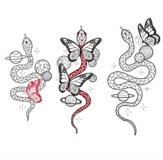 three snakes with butterflies on their backs