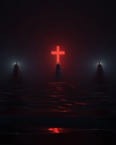 a person standing in the water with a cross on it