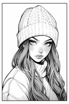 a drawing of a girl with long hair wearing a beanie and looking at the camera