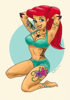 the little mermaid is sitting on her stomach and has tattoos on her arms, leg and chest