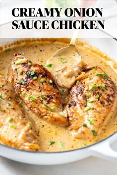 chicken with onions and gravy in a skillet on a white plate, text reads delicious, gluten free and easy creamy chicken with onion sauce