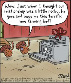 two turkeys are standing in front of an oven