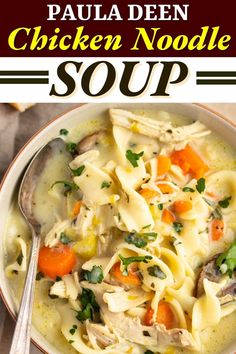 chicken noodle soup in a white bowl with a spoon on the side and text overlay