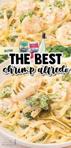 the best shrimp alfredo recipe with broccoli and cheese on top, in a white bowl