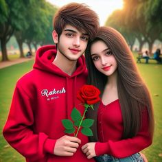 a young man and woman standing next to each other holding a red rose in their hands