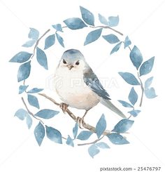 a watercolor painting of a bird sitting on a tree branch with leaves around it