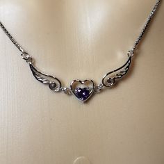 Sterling Silver Heart Wings With Sparkling Purple Crystal Necklace Brand New Dainty And Charming Comes From Smoke And Pet Free Home Dark Purple Necklace, Purple Crystal Necklace, Heart Wings, Purple Accessories, Heart With Wings, Prom Ideas, Purple Jewelry, Purple Necklace, Necklace Brands