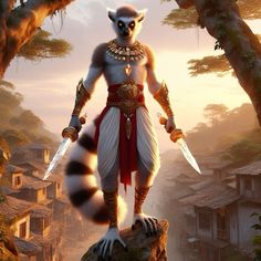 a painting of a raccoon standing on top of a rock holding two knives