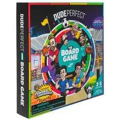 the board game dude perfect is on display in front of a white background with an image of three men