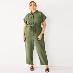 Nine West Women's Utility Jumpsuit W/ Pockets - Plus Size 4x Olive Green Product Features * Short Sleeves * Rolled Cuffs * Button Down * Twill Construction * 2 Flap Pockets Fit & Sizing * 25-In . Inseam * Zipper Fly * Elastic Waistband * Straight-Leg Opening Green Jumpsuit Outfit, Green Outfits For Women, Olive Green Jumpsuit, Utility Romper, Black And White Romper, Utility Jumpsuit, Green Jumpsuit, Plus Size Jumpsuit, Clothing Inspiration