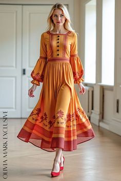 Olivia Mark - Mustard Sunset Maxi Dress with Rust Floral and Bell Sleeves Voluminous Skirt, Quiet Beauty, Delicate Embroidery, Sophisticated Design, Floral Motifs, Floral Maxi, Fitted Bodice, Olivia Mark, Golden Hour