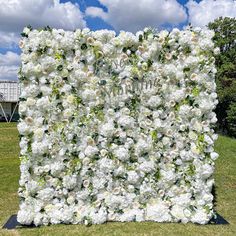 a large white flowered wall in the middle of a grassy area with trees and clouds behind it