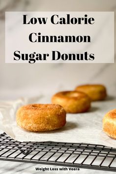 low calorie cinnamon sugar donuts on a cooling rack with text overlay