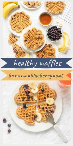 healthy waffles with bananas and blueberry oat are on a white plate